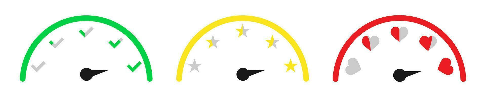 Level measure with stars and heart. Ranking indicator with green check mark. Isolated feedback survey with tick and star icons. Performance measure on white background. EPS 10. vector
