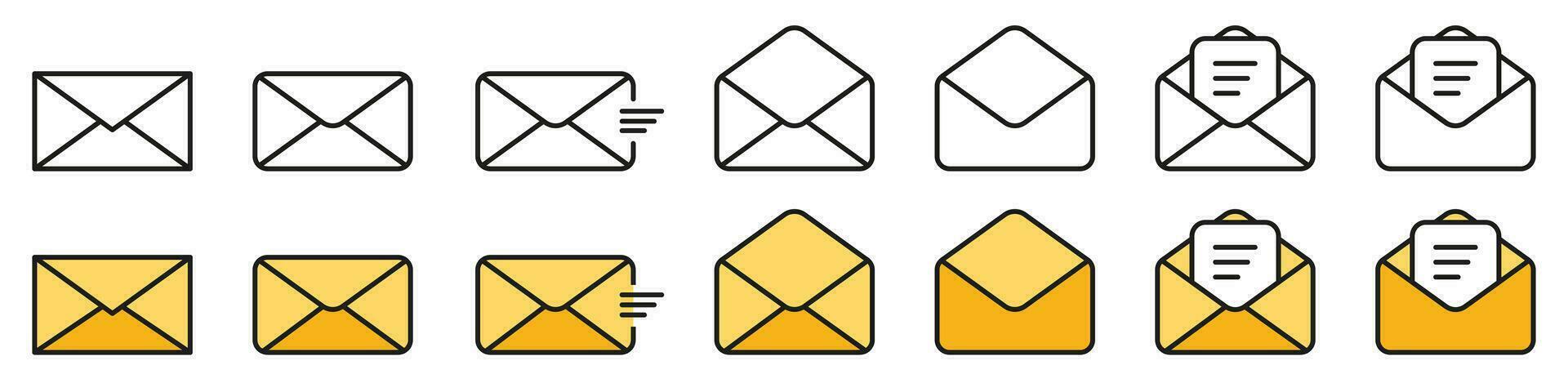 Mail envelope set. Transparent and colored envelope symbol. Contact us collection. Message icon. Postal address sign. Yellow and black mail collection. Vector EPS 10