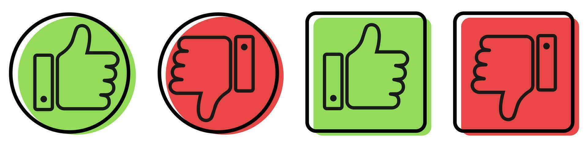 Thumbs up and down on white background. Isolated like and dislike symbol in circle and square shapes. Positive and negative icons in red and green. Confirm and okay thumbs. Vector EPS 10.