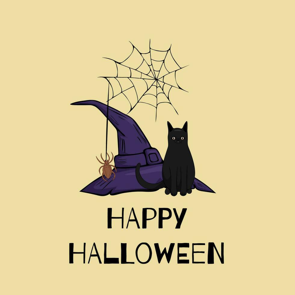Vector Halloween illustration for a poster or greeting card. A witch hat, a cat and spider web on a yellow background