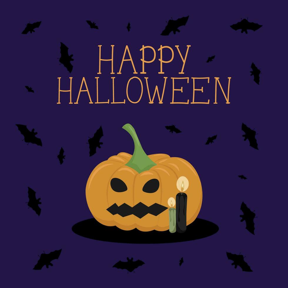 The vector illustration of Happy Halloween can be used as a banner or a greeting card. Pumpkin, bats, and a candles on a violet background.