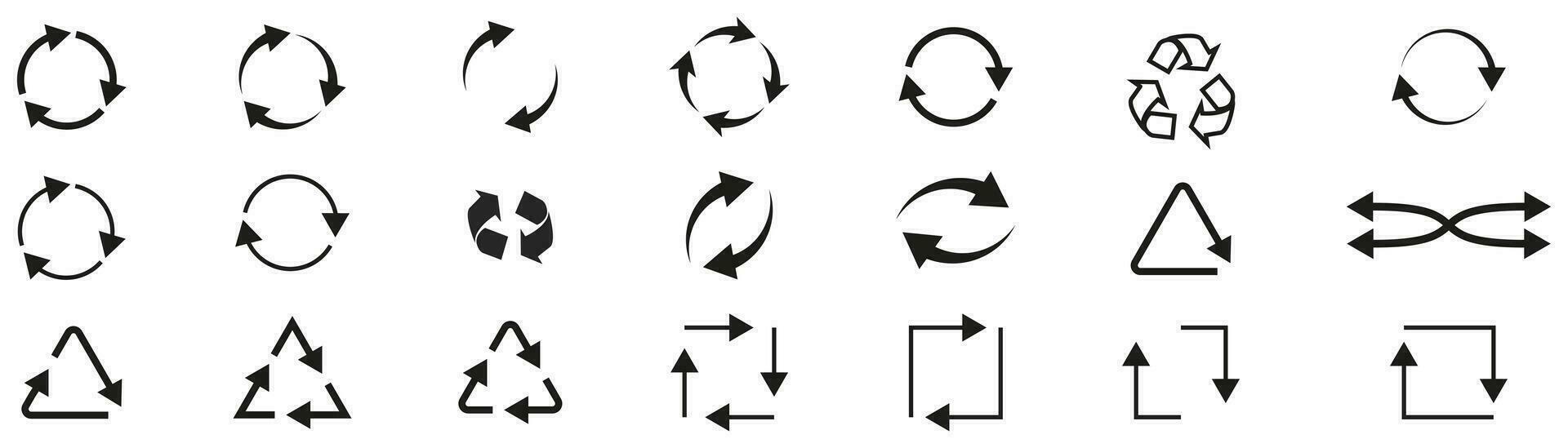 reciclar flechas en negro. cargando flecha pictogramas. circular rotación símbolo. reciclar signo. actualizar íconos recopilación. repitiendo lazo pictograma. vector eps 10