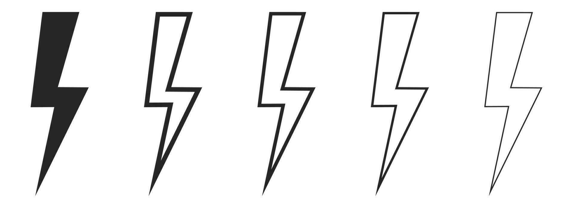 Outline lightning icons. Isolated power symbol on white background. Thunder bolt sign in black color. Energy icon set. Charge pictogram collection. Electric flash concept. Vector EPS 10.