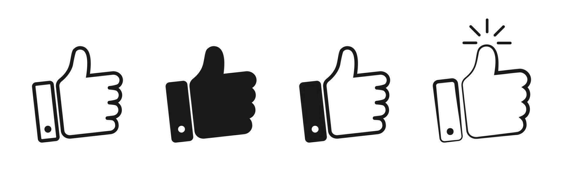 Thumbs up collection on white background. Isolated like icons in black. Outline finger up. Positive symbol set. Recommend and accept sign. Agree and reject pictogram. Vector EPS 10.