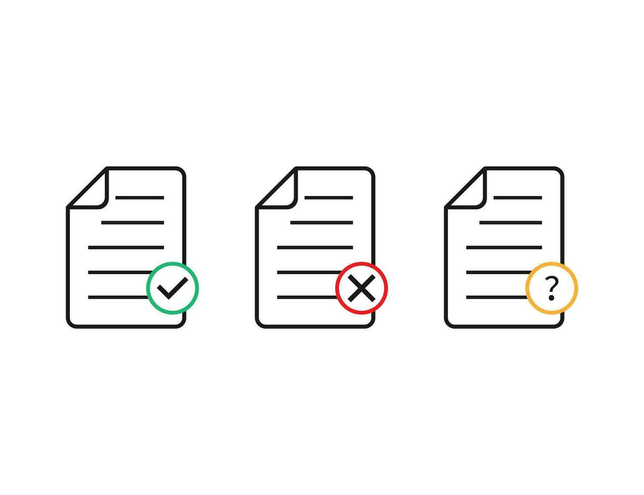 File document with green checkmark and red cross. Office notebook with orange question mark. Document icon on transparent background with correct and wrong sign. Vector EPS 10.