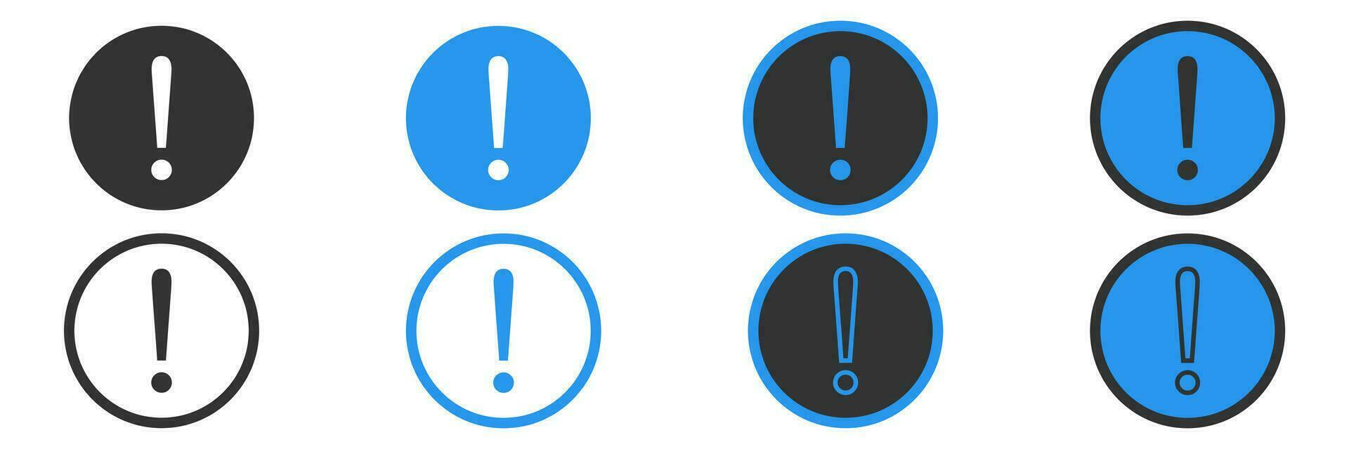 Exclamation mark icons. Isolated attention symbol collection on white background. Warning icon in circle in black and blue. Important message sign. Vector illustration. EPS 10.