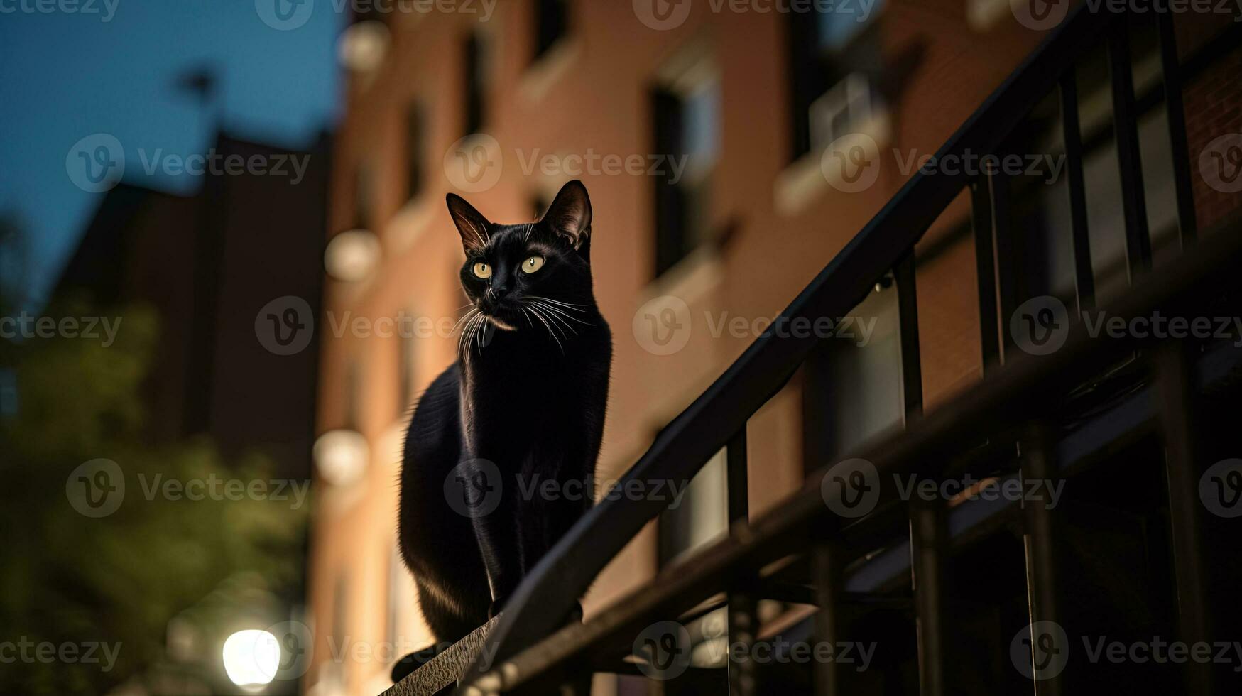 Black cat sitting on a railing at night, in the style of life in New York city. Generated AI. photo