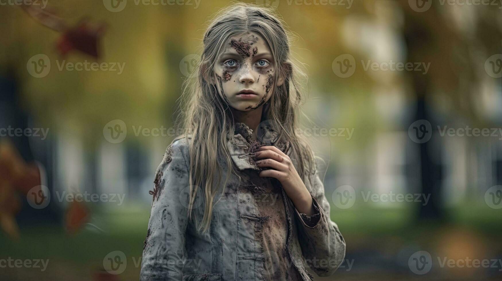 Little girl whith spooky Halloween makeup. Creepy and scary autumn holiday costume for Halloween celebration. Generative AI. photo