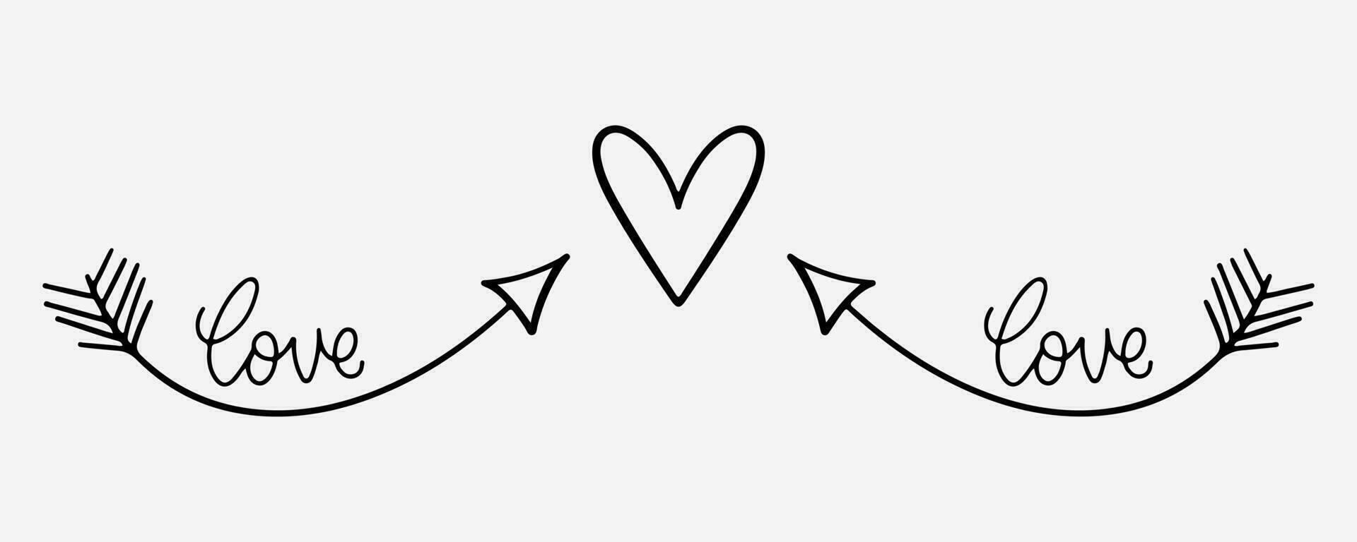 Hand drawn heart shape with arrows. Romantic doodle in sketch style. Love hand drawn doodle with arrows. Romantic sketch. Vector EPS 10