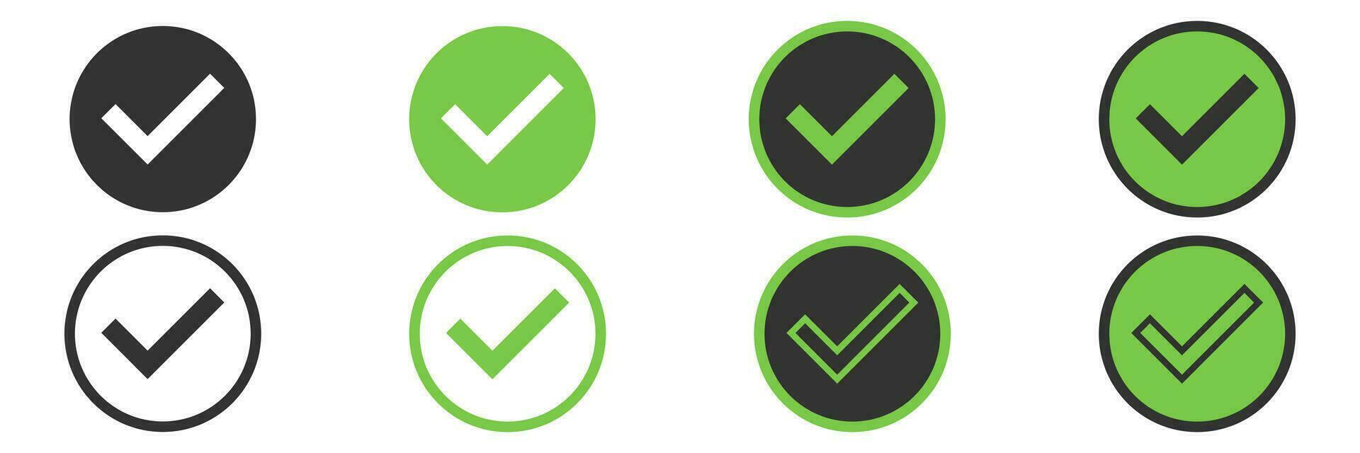 Checkmark tick set on white background. Isolated green tick collection in different style. Done and correct icons in green. Outline and bold checkbox. Vote symbol doodle. Vector EPS 10.