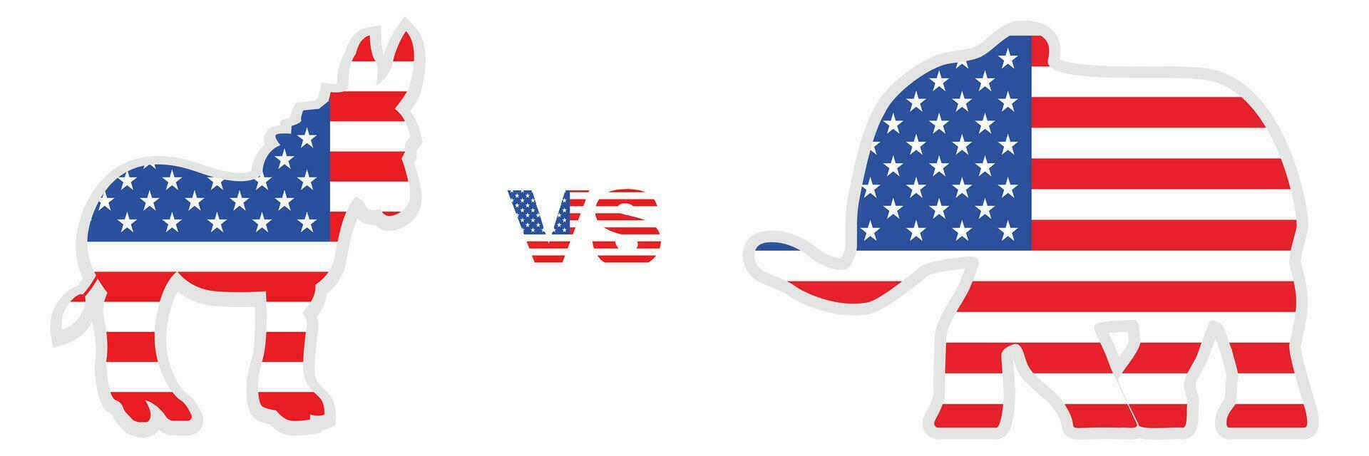Presidential election in USA. Donkey vs elephant symbol with american flag. Republican and democrat campaign. Isolated donley symbol agaings elephant. Election day in november. EPS 10. vector