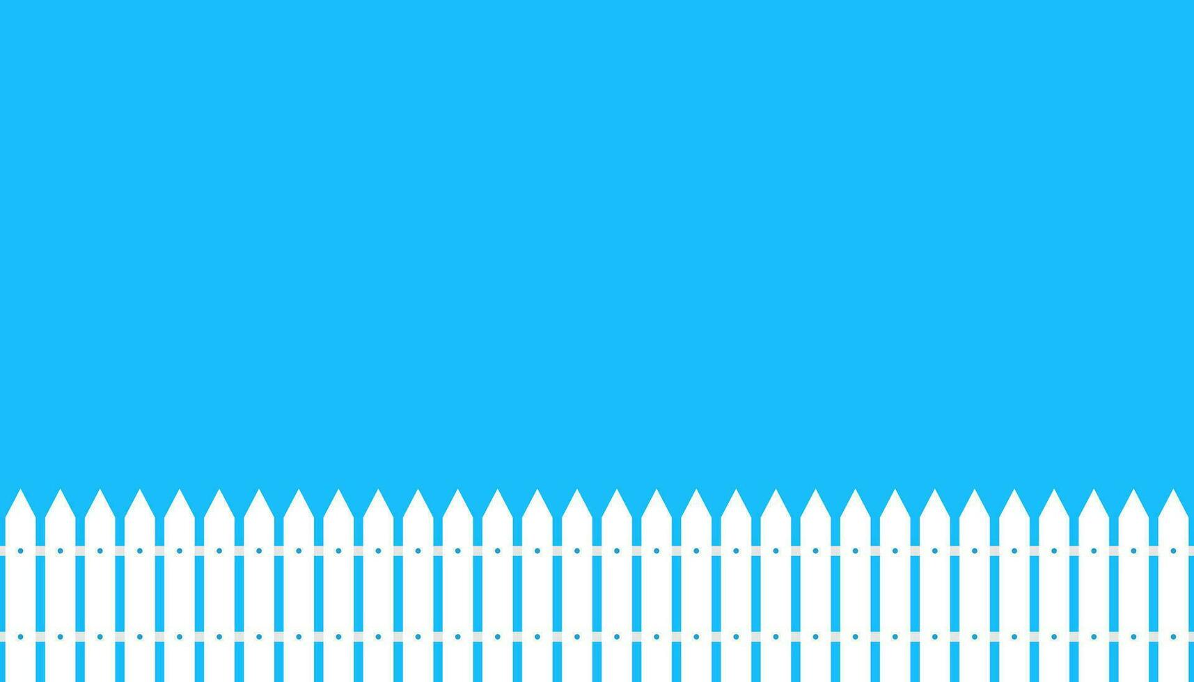 White wooder fence. Illustration of board barrier in flat design on blue background. Picket yard vector. Hedge structure. Simple modern fence border. Vector EPS 10.