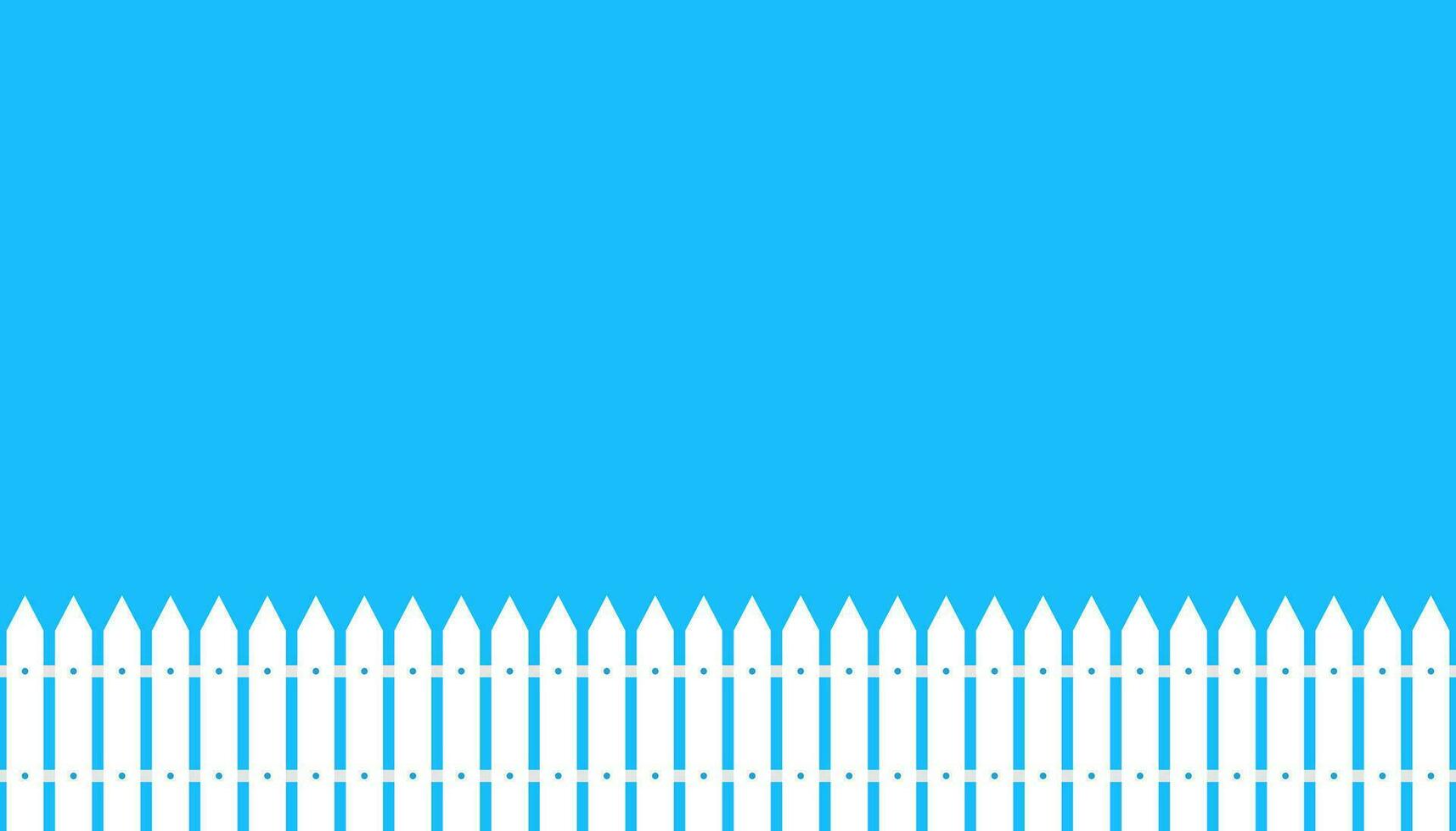 White wooder fence. Illustration of board barrier in flat design on blue background. Picket yard vector. Hedge structure. Simple modern fence border. Vector EPS 10.