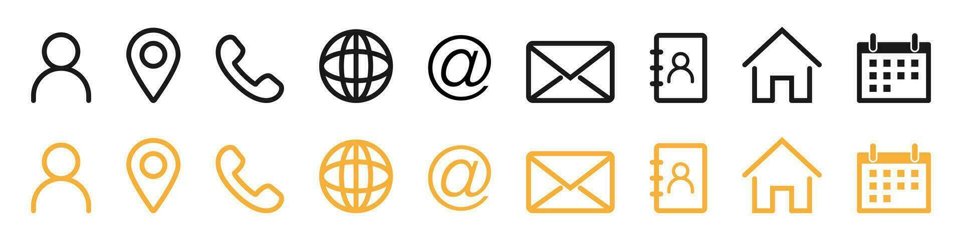 Contact icons collection. Contact us set in outline style. Avatar, location, phone and website symbol.  Mail envelope and calendar sign. Contact collection. Vector illustration. EPS 10.