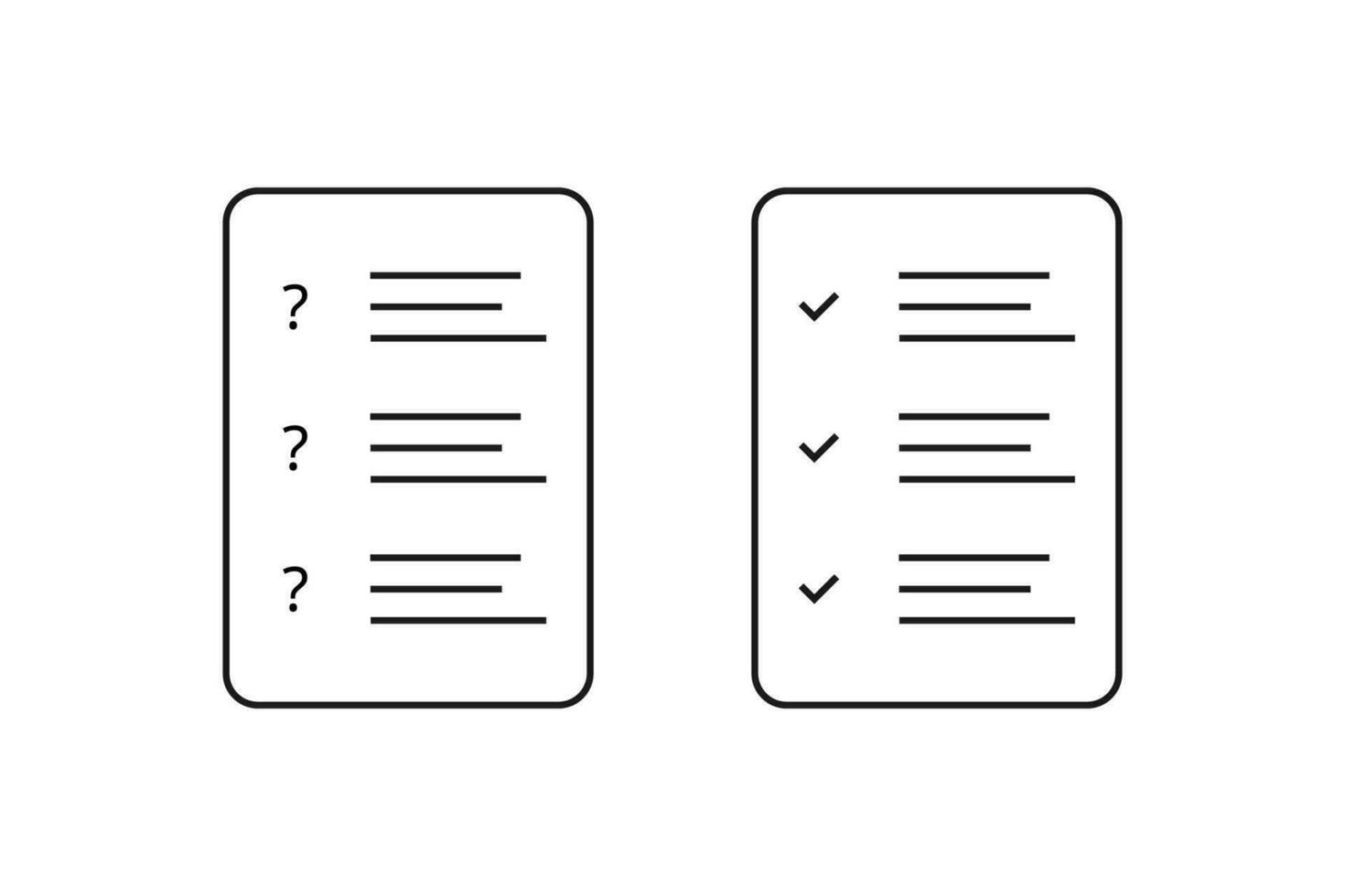 Survey form document. Checklist online form with checkmark and question mark. Test clipboard in outline design. Feedback opinion report. Isolated paper questionnaire. Vector EPS 10.