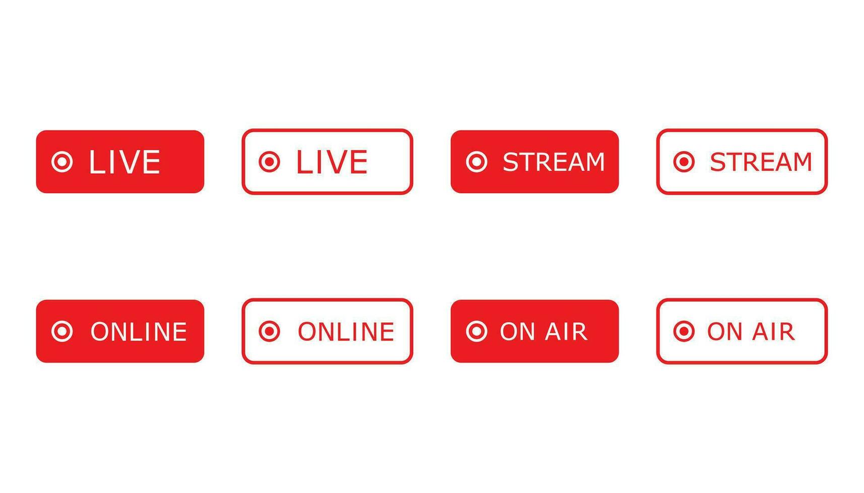 Set of live, online, streaming and on air icons. Broadcast tv show label. Multimedia template. Isolated red movie and radio sign. Stream podcast label. Vector EPS 10.