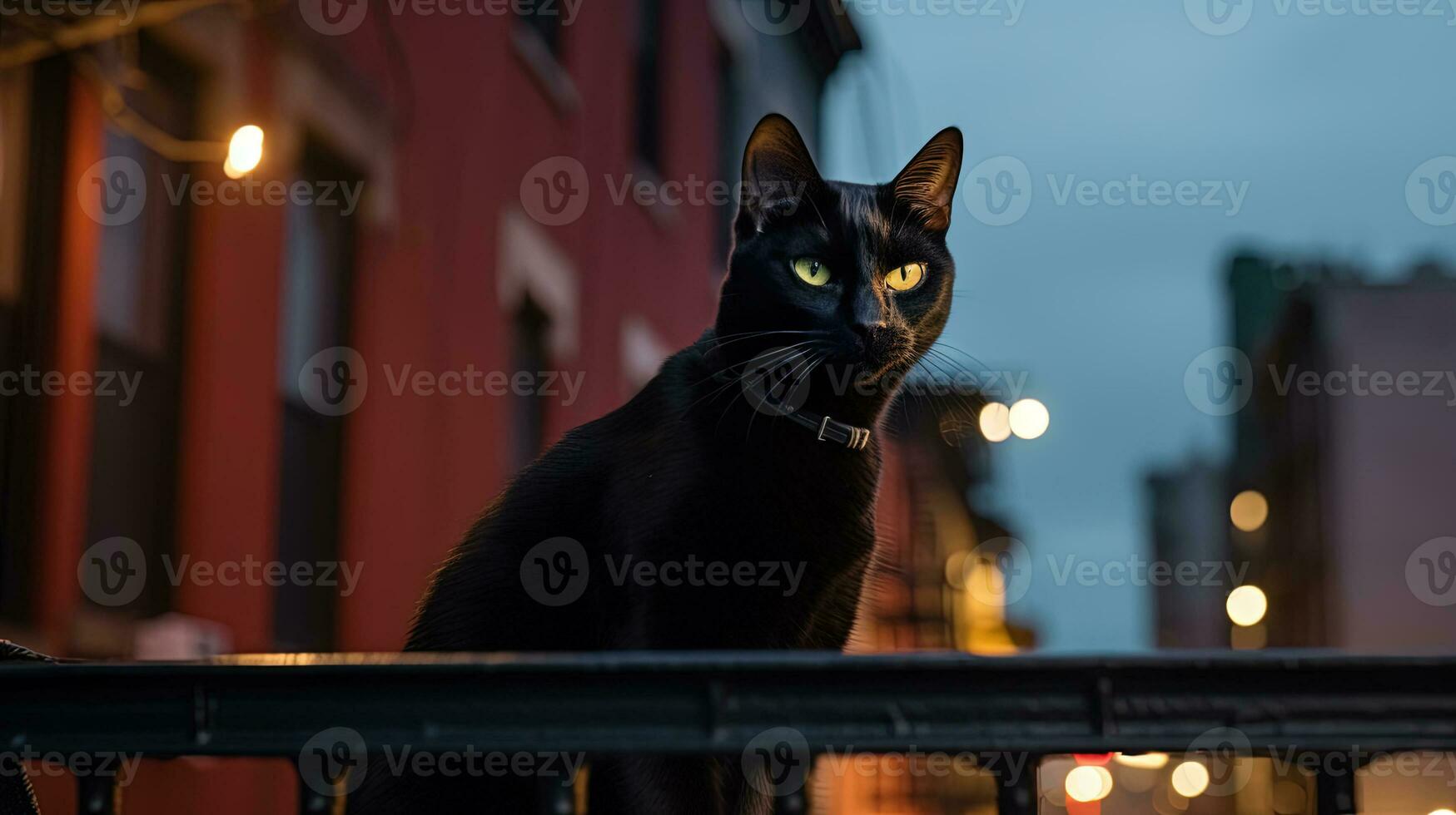 Black cat sitting on a railing at night, in the style of life in New York city. Generated AI. photo