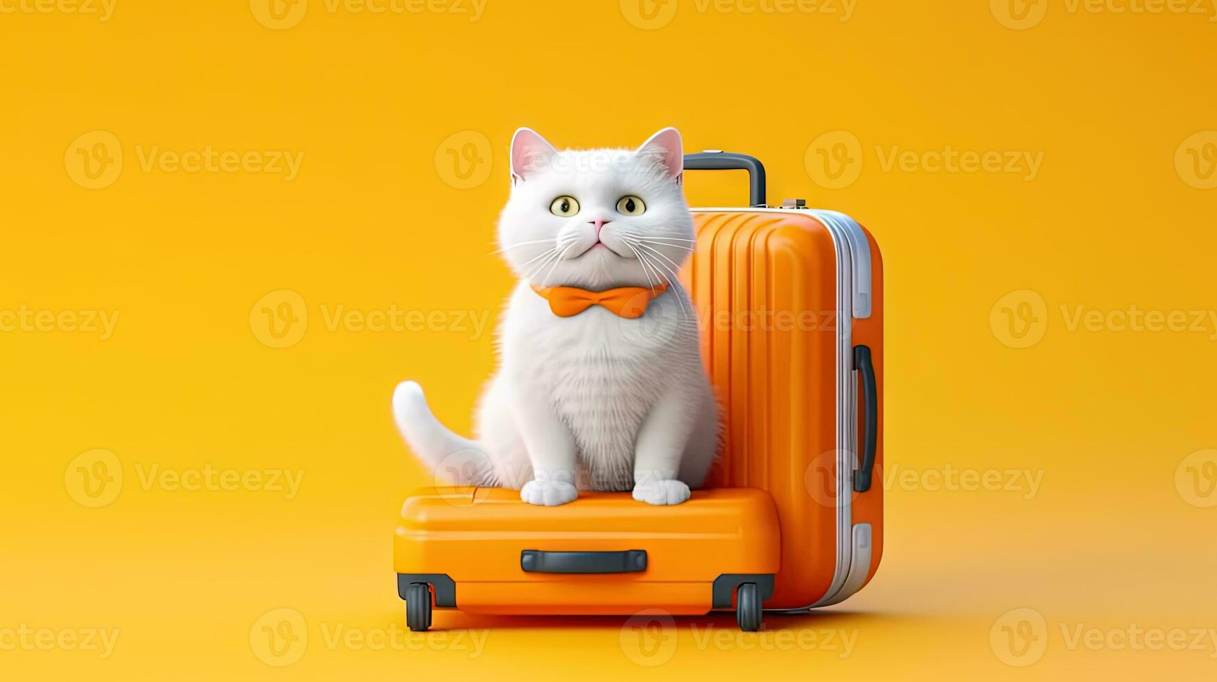 Cute white cat sitting in the suitcase. Sweet fluffy kitten is ready to travel. Generated AI. photo