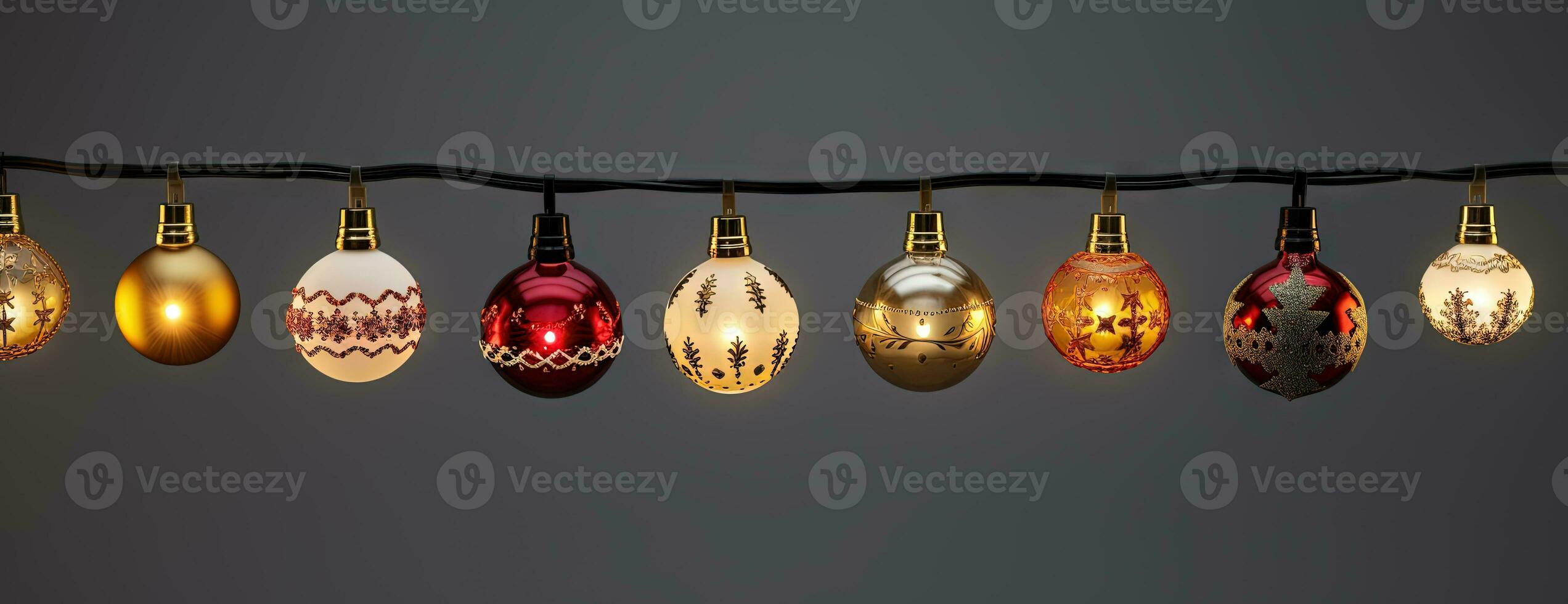 Christmas themed lamps and garlands with cozy holiday lights. Xmas ornament with shiny toys. Generated AI. photo