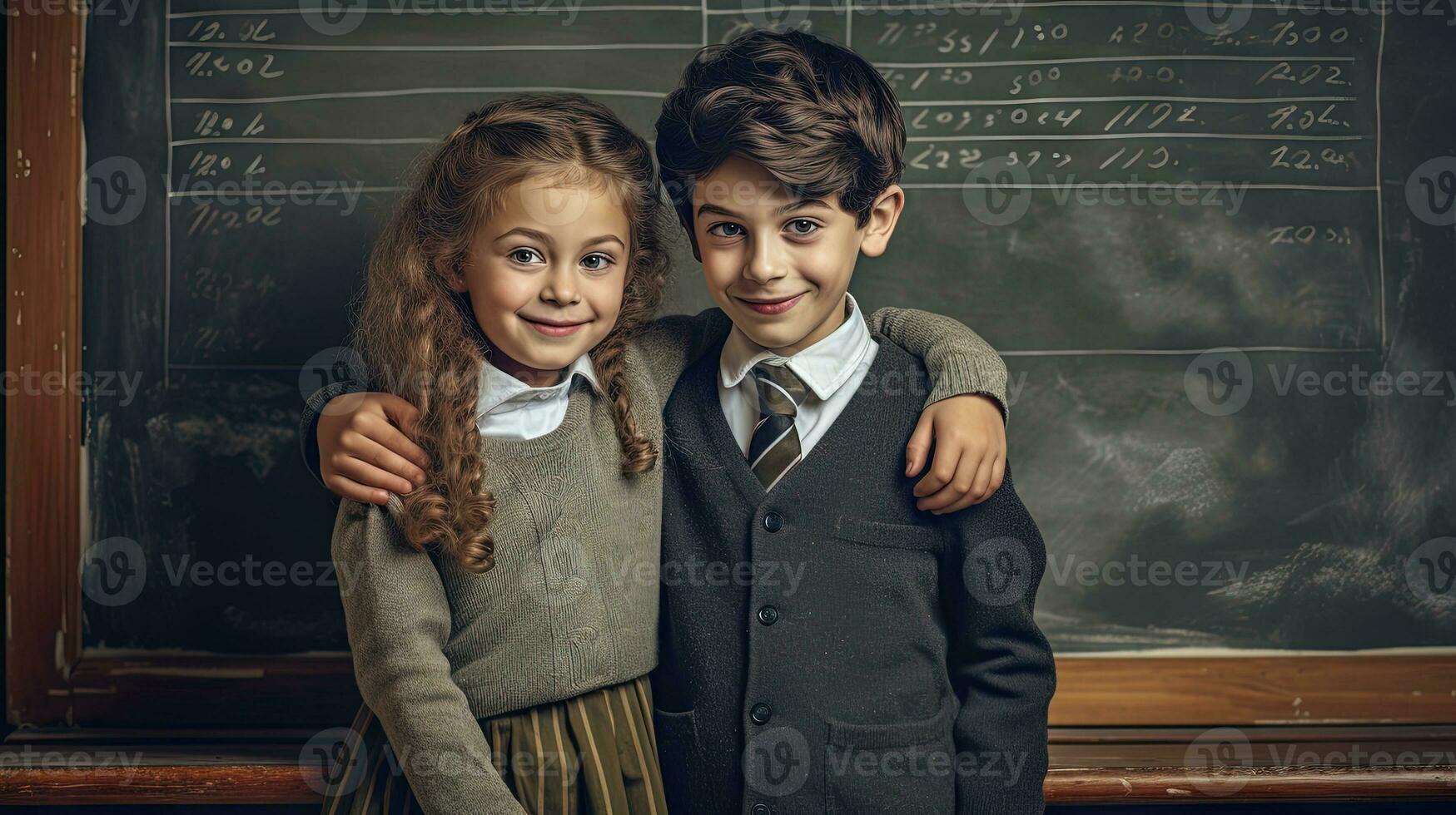 colegio alumno, chico y niña en pie en frente de negro tablero. colegio niños Pareja. generado ai. foto