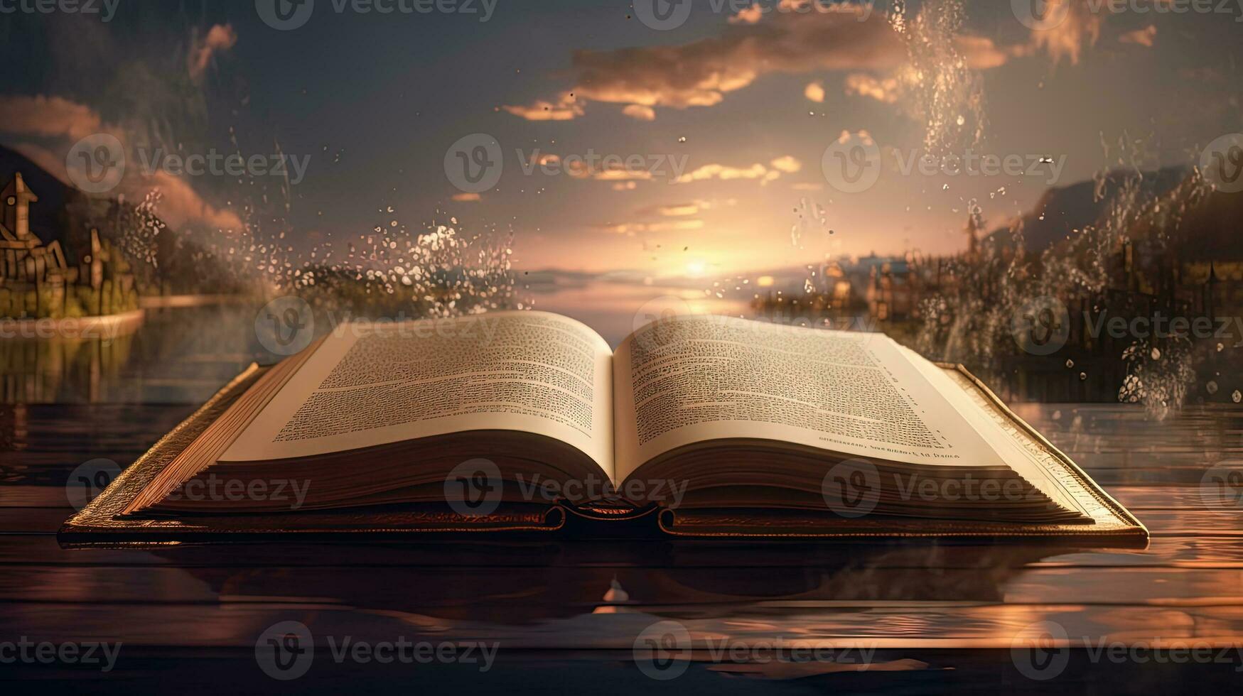Open book with wisdow and knownedge on the pages. Education or religion concept in literature. Generated AI. photo