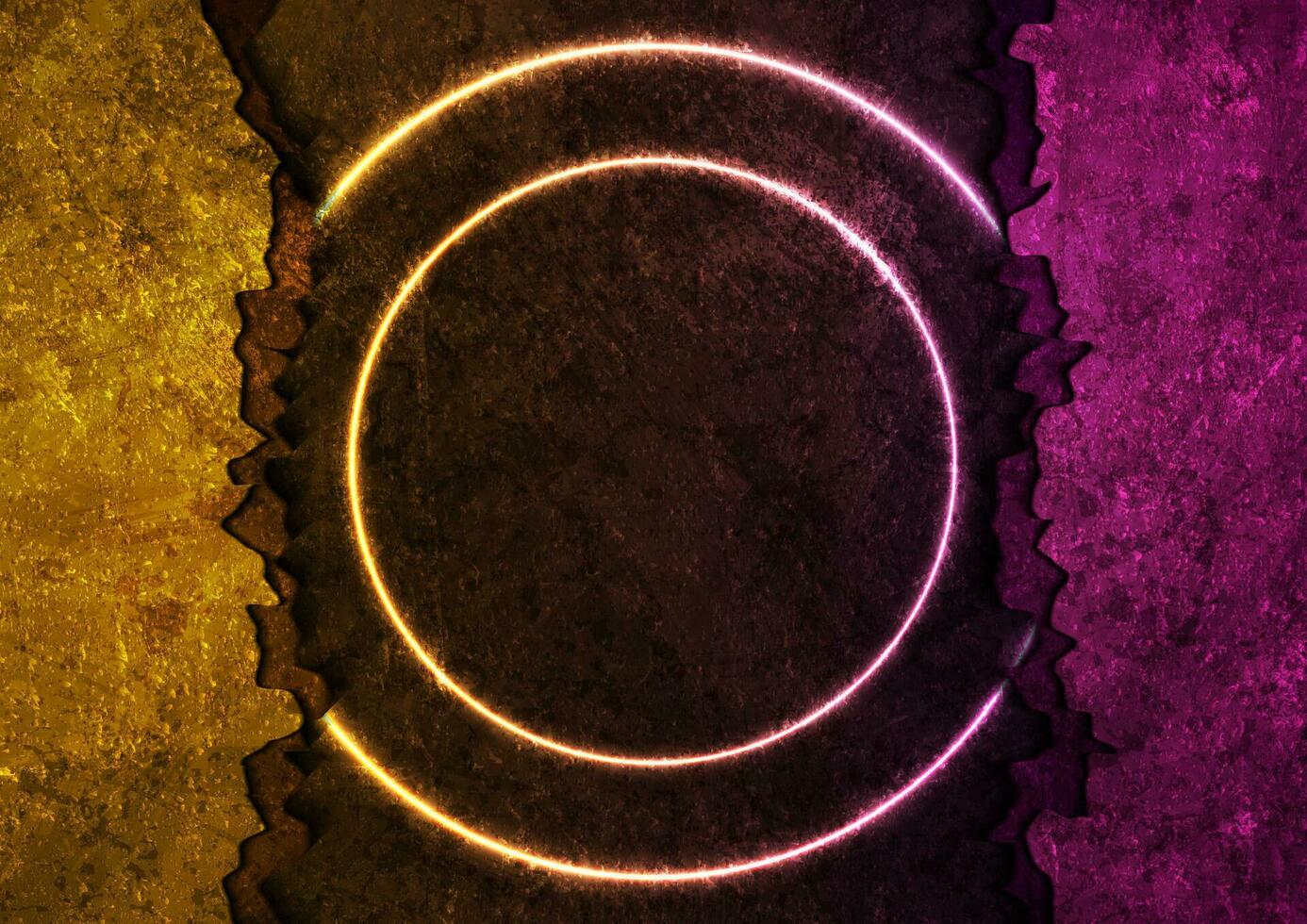 Orange purple grunge broken concrete wall with neon circles vector