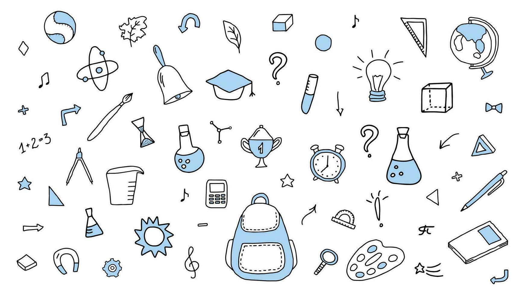 Big Doodle set school and science. Black and white outline. Sketch icon set. Vector isolated on white. School supplies, laboratory equipment, tools. Back to school. Learning, education, knowledge.