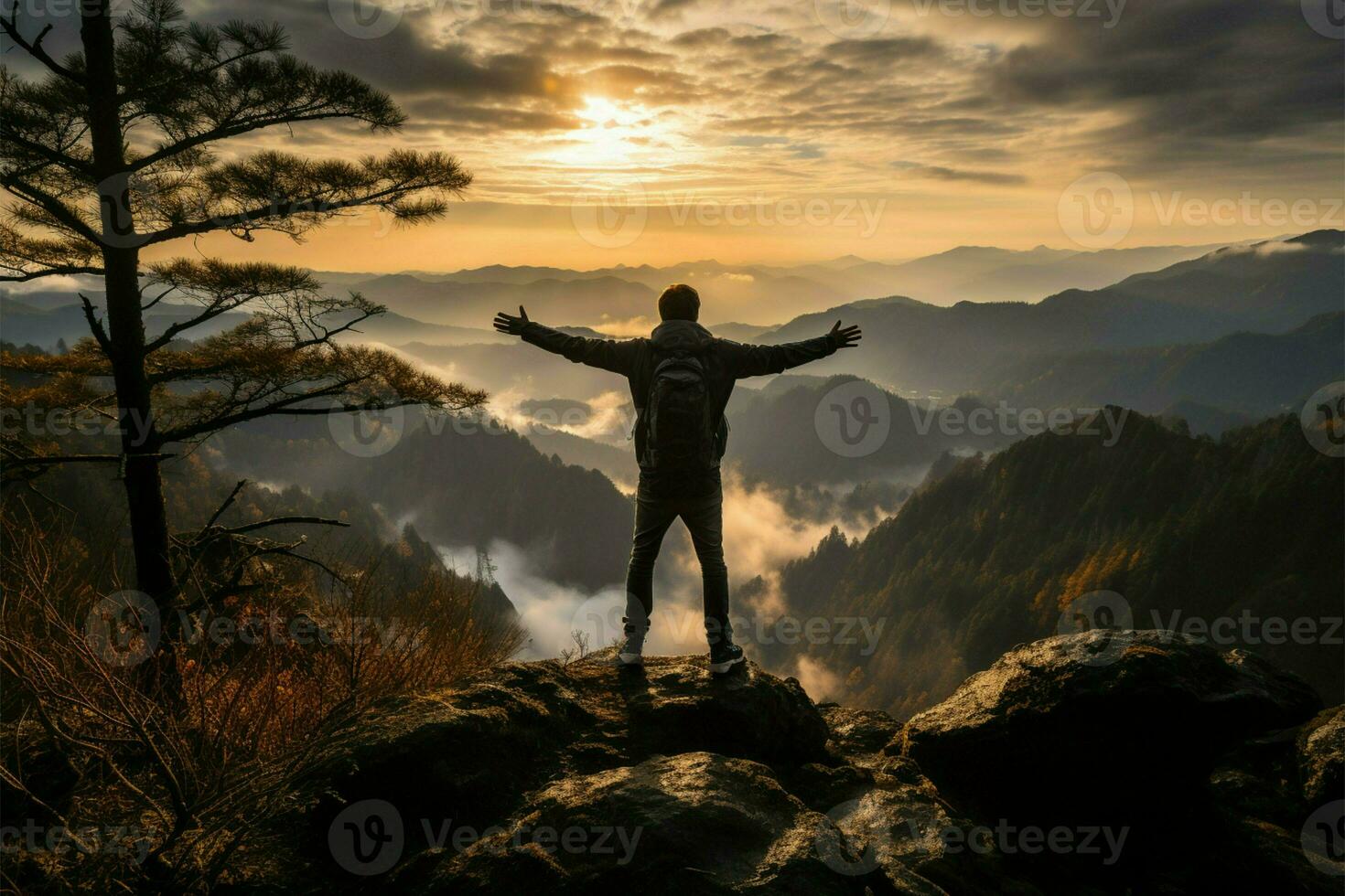 Delgado mochilero fiestas en brumoso montaña panorama, brazos elevado en contra vívido Mañana cielo ai generado foto