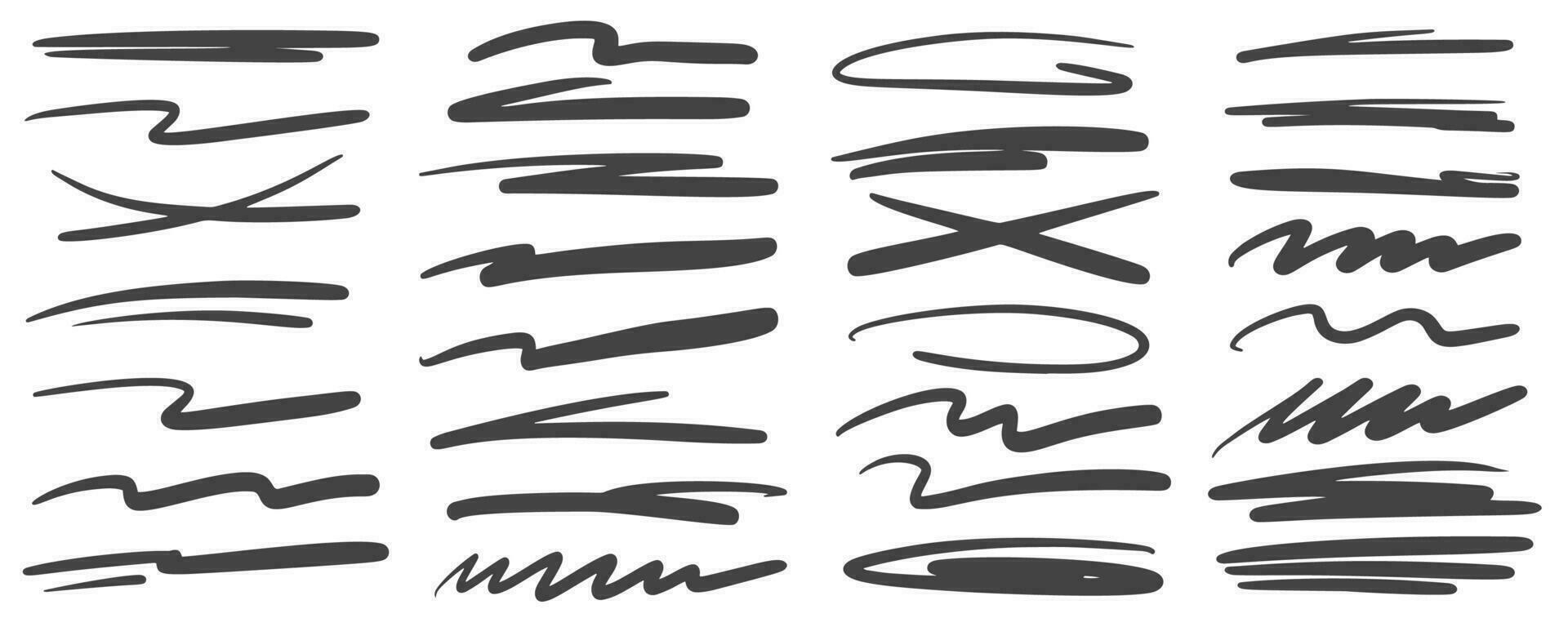 Pen strike line. Strikethrough marker scribble. Pencil and brush stroke. Doodle sketch mark stripes isolated on white background. Handwrited rough stains. Vector set