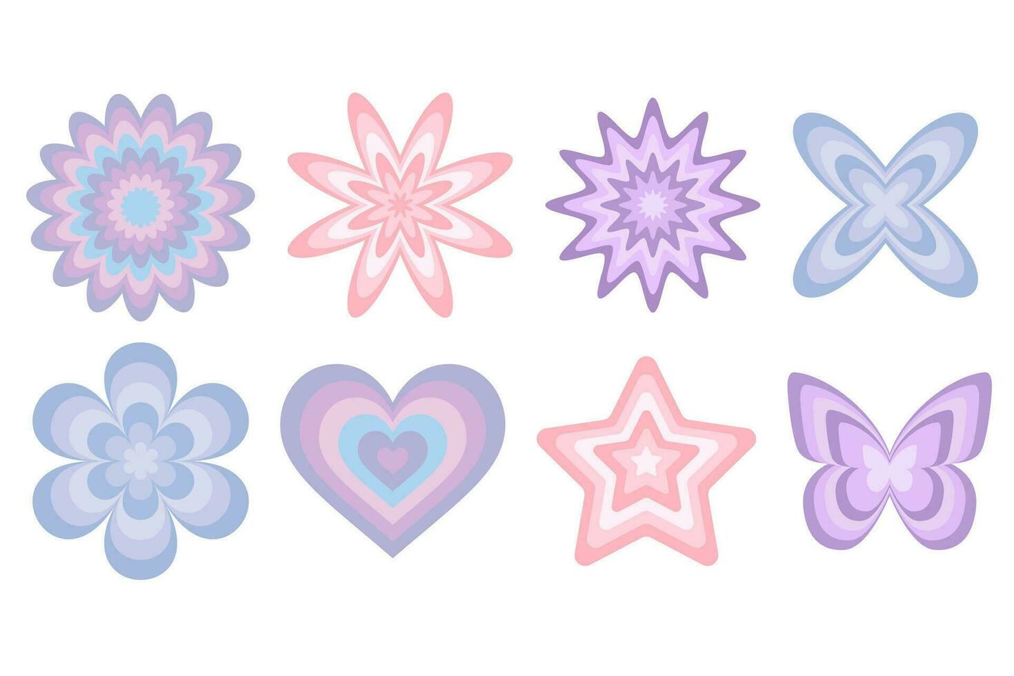 Y2k groovy shapes. Heart flower and stars with striped pattern for banners and social media. Butterfly silhouette with lines of aura. Vector aesthethic design