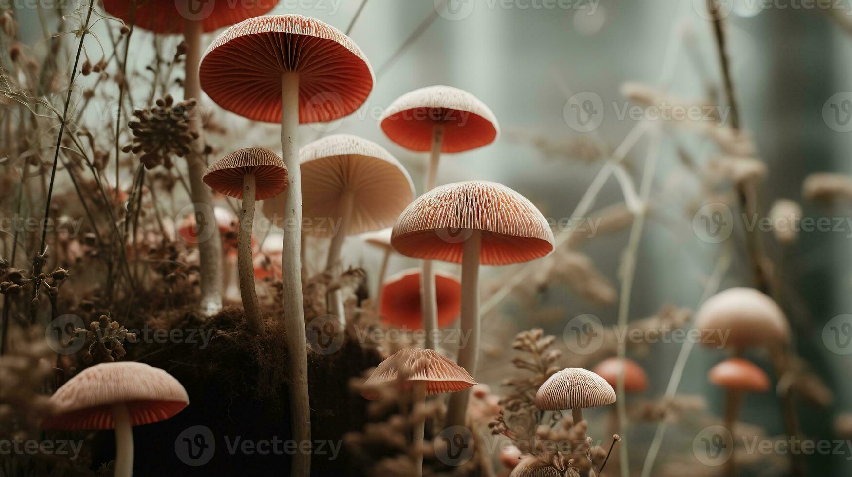 Generative AI, Fresh different mushrooms, autumn harvest, aesthetic muted neutral colors photo