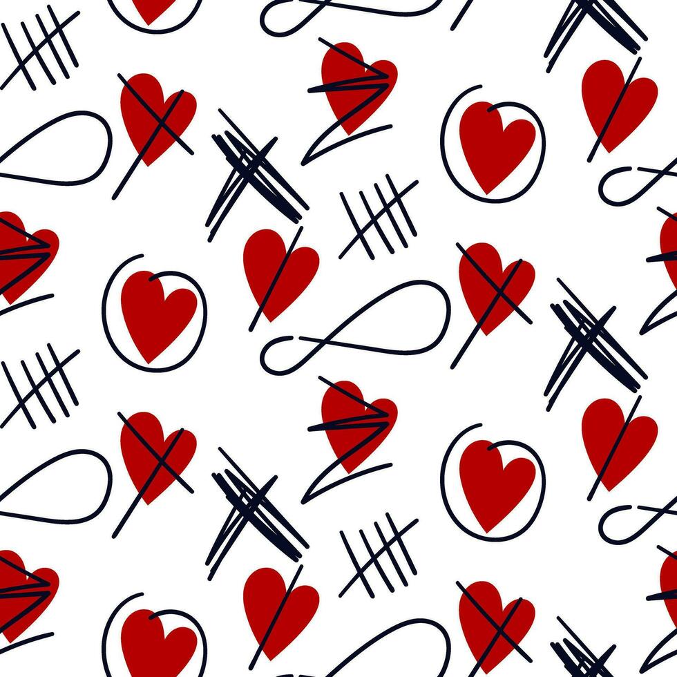 Seamless pattern with the image of the elements of the heartthrob. Search for hearts and crossed out past loves. Conceptual illustration. Ideal for decorating textile packaging, scrapbooking vector