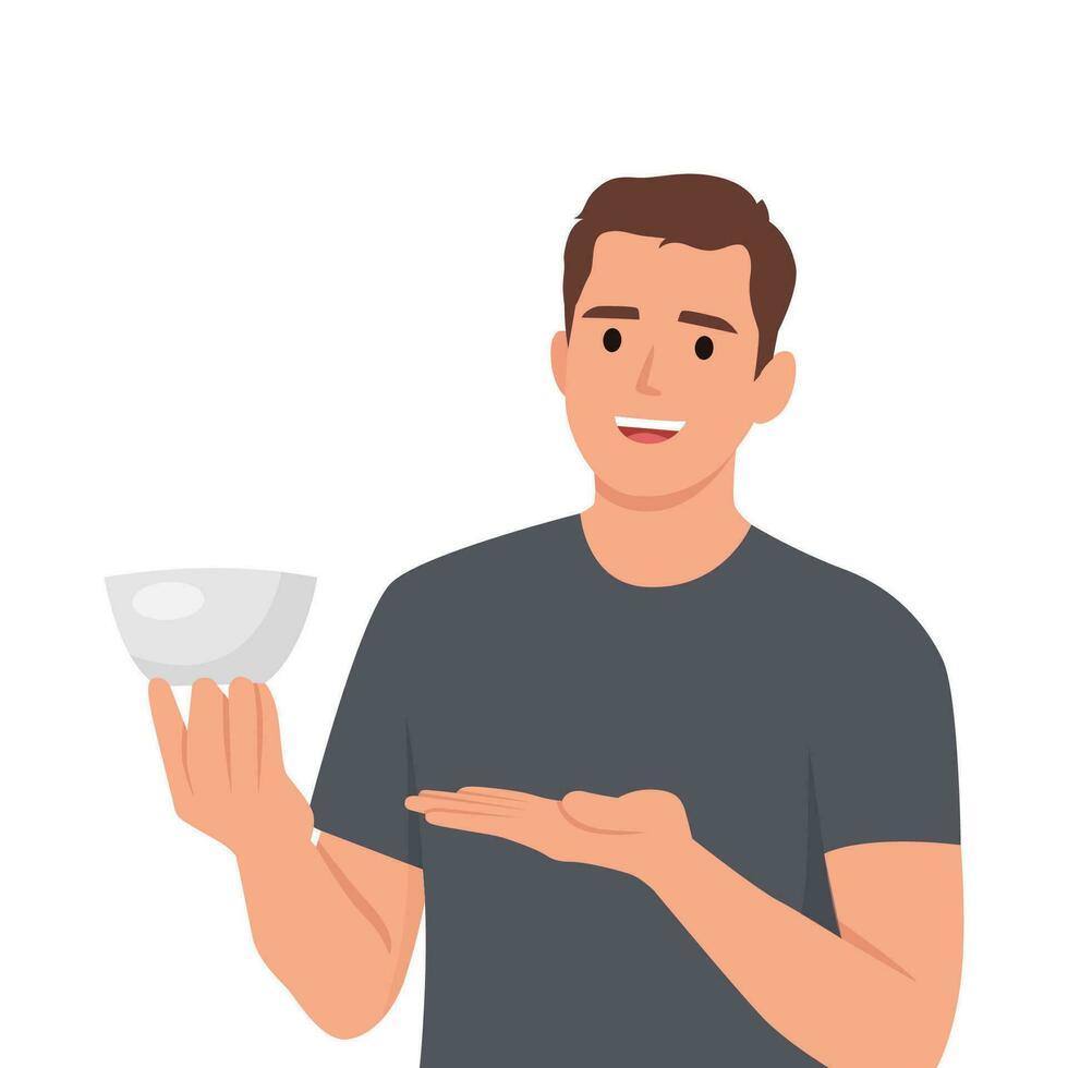 Man eats soup. Male character sitting at table, holding spoon and plate with delicious fragrant dish. vector