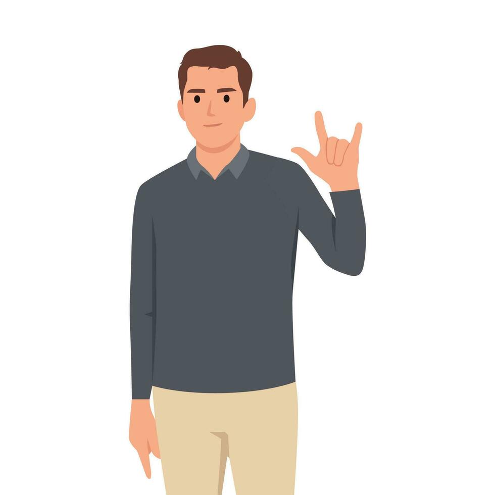 Cartoon character, Man gesturing, doing or making rock and roll symbol or sign with hands up. vector