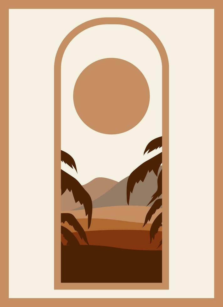 Desert landscape view, sunny dunes and palms illustration vector