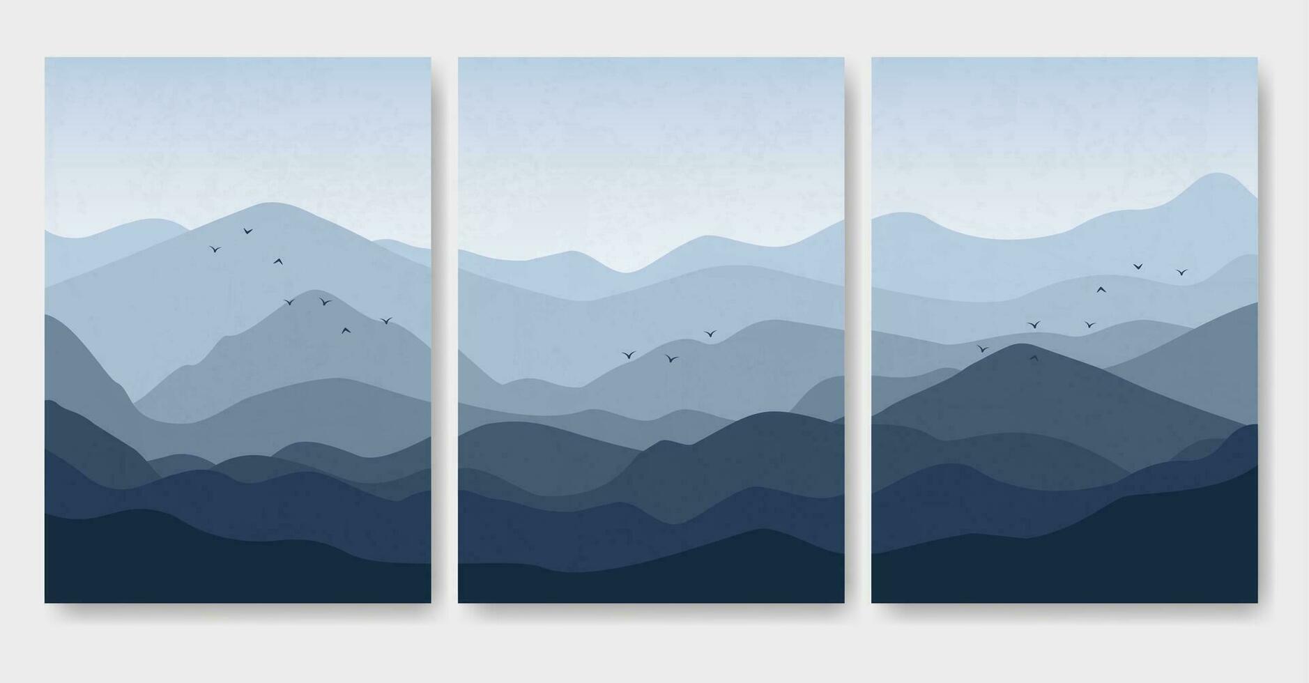 Aesthetic minimalist blue mountains with flying birds landscape posters. Japanese landscape illustration vector