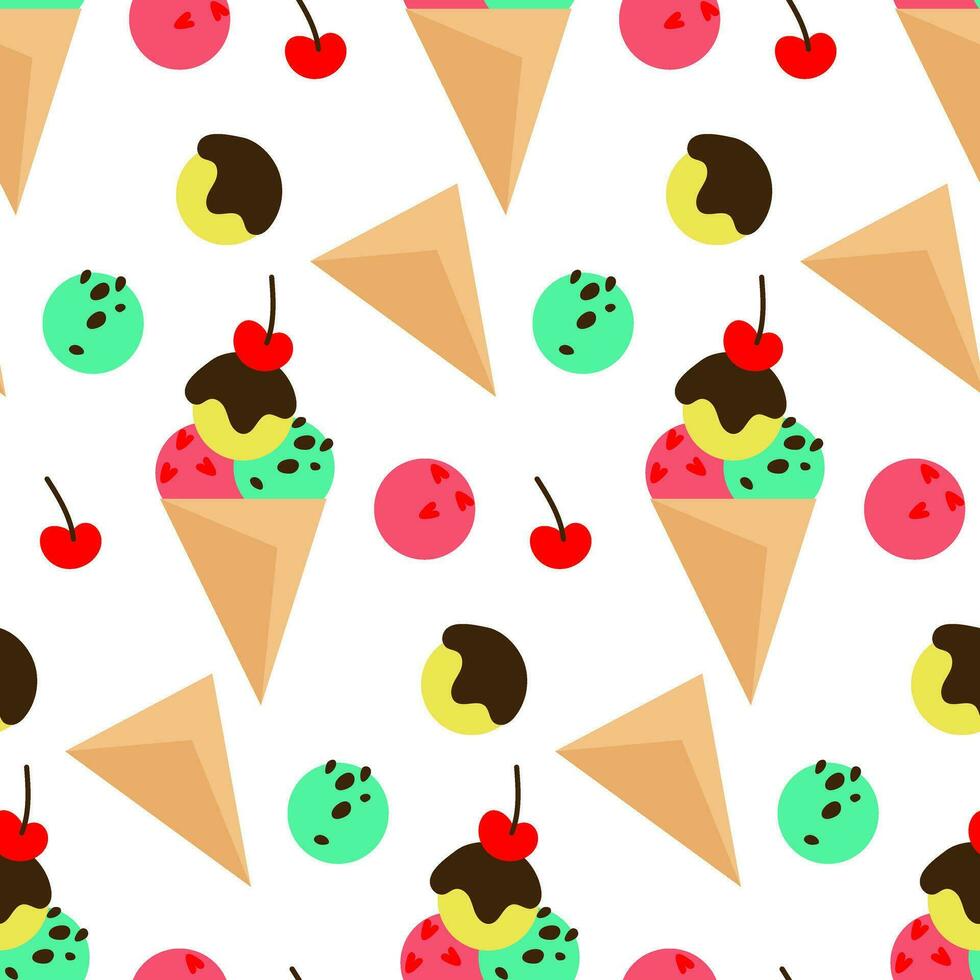 Pattern waffle cones with colored ice cream and various sprinkles, cherries. Multi-colored ice cream on a white background with decorative elements. Cartoon vector illustration on a white background