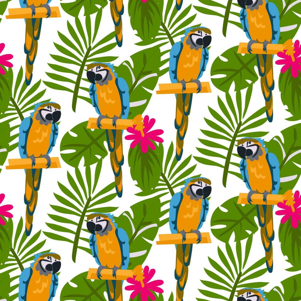 Tropical parrot birds with hibiscus flowers and leaves on a white background. Seamless exotic elegant pattern. Fashionable colors. Ideal for printing on fabric and wallpaper. Big parrots on a branch vector