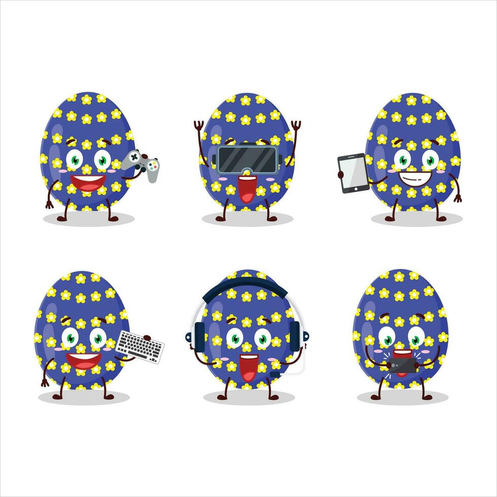 Dark blue easter egg cartoon character are playing games with various cute emoticons vector
