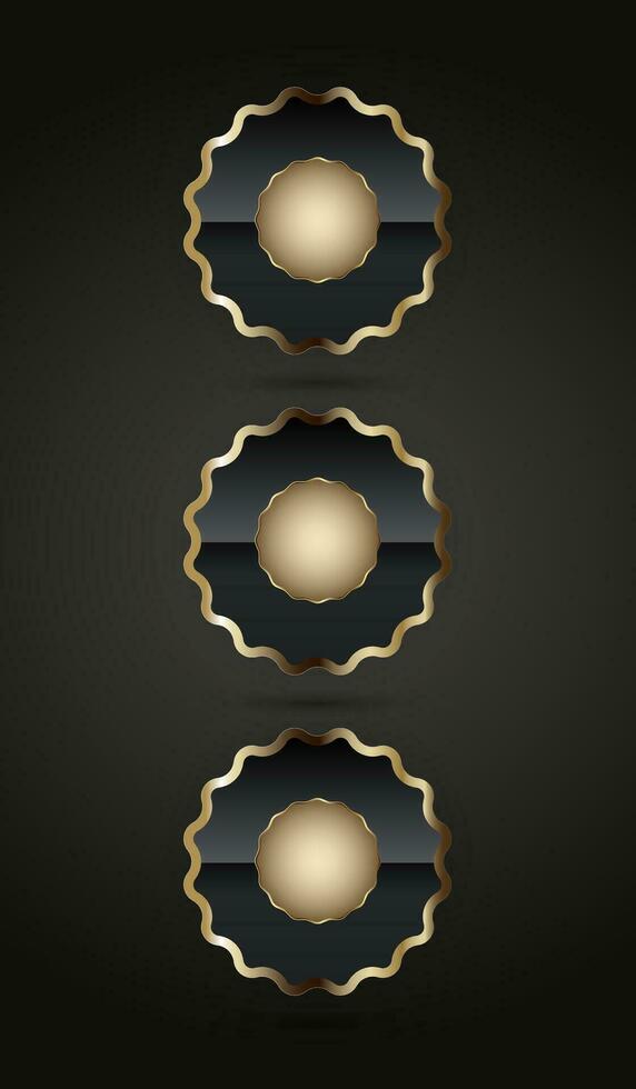 THREE premium quality badge buttons vector,illustration. And  luxury circles shape UI button on dark background vector