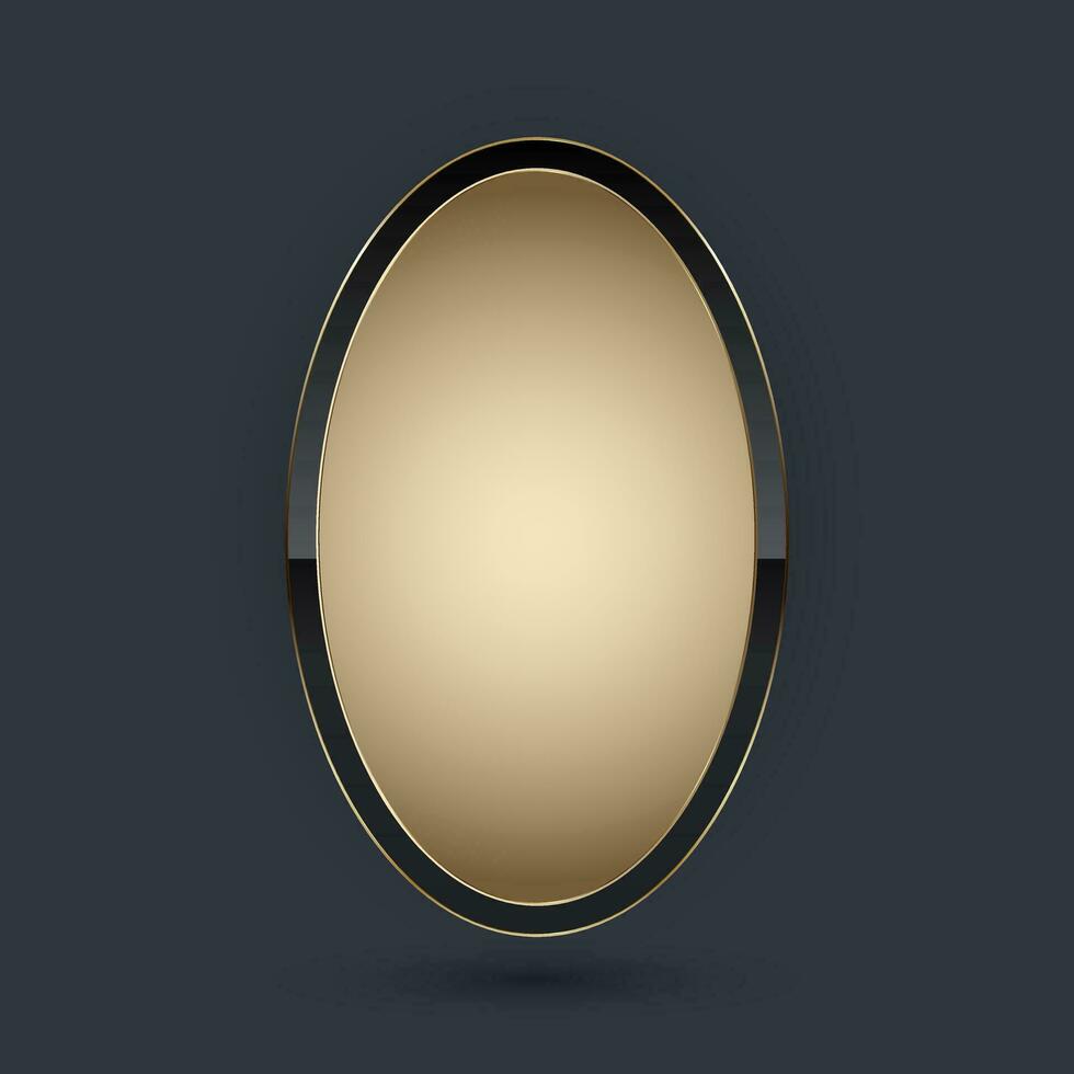 un oro elipse forma botón vector ilustración. 3d dorado lustroso elegante diseño para vacío oval emblema, medalla o insignia, aislado en negro antecedentes