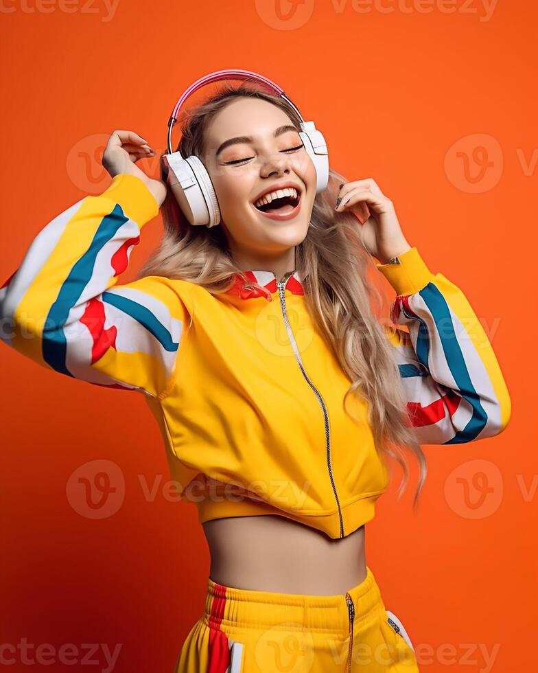 fashion model listening to music with headset AI generated photo