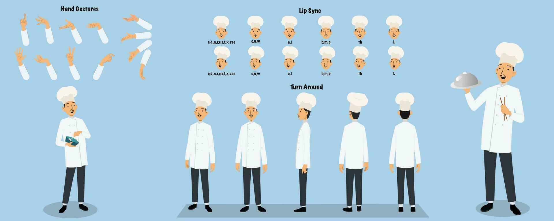 A chef character lips sync, hand gesture, turn around model sheet for animation. vector