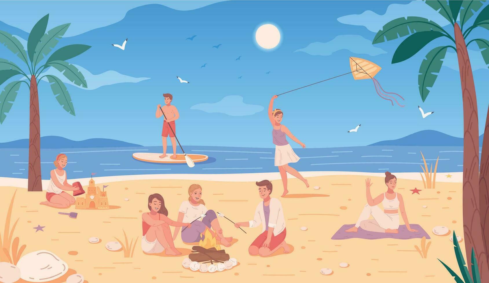 Beach Activities Flat Cartoon vector