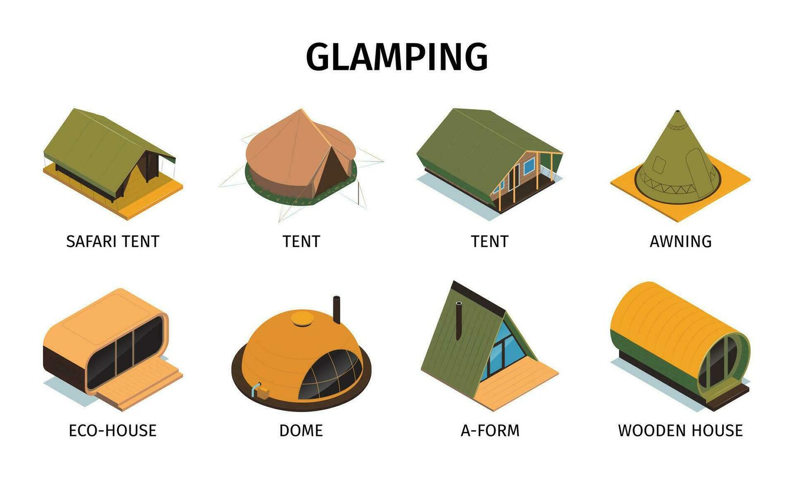 glamping isométrica composiciones conjunto vector