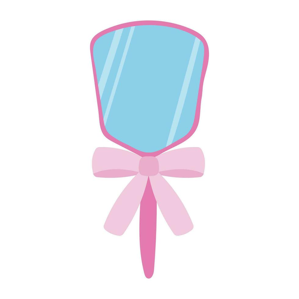 Beautiful pink hand mirror with ribbon. Cartoon vector illustration on white background