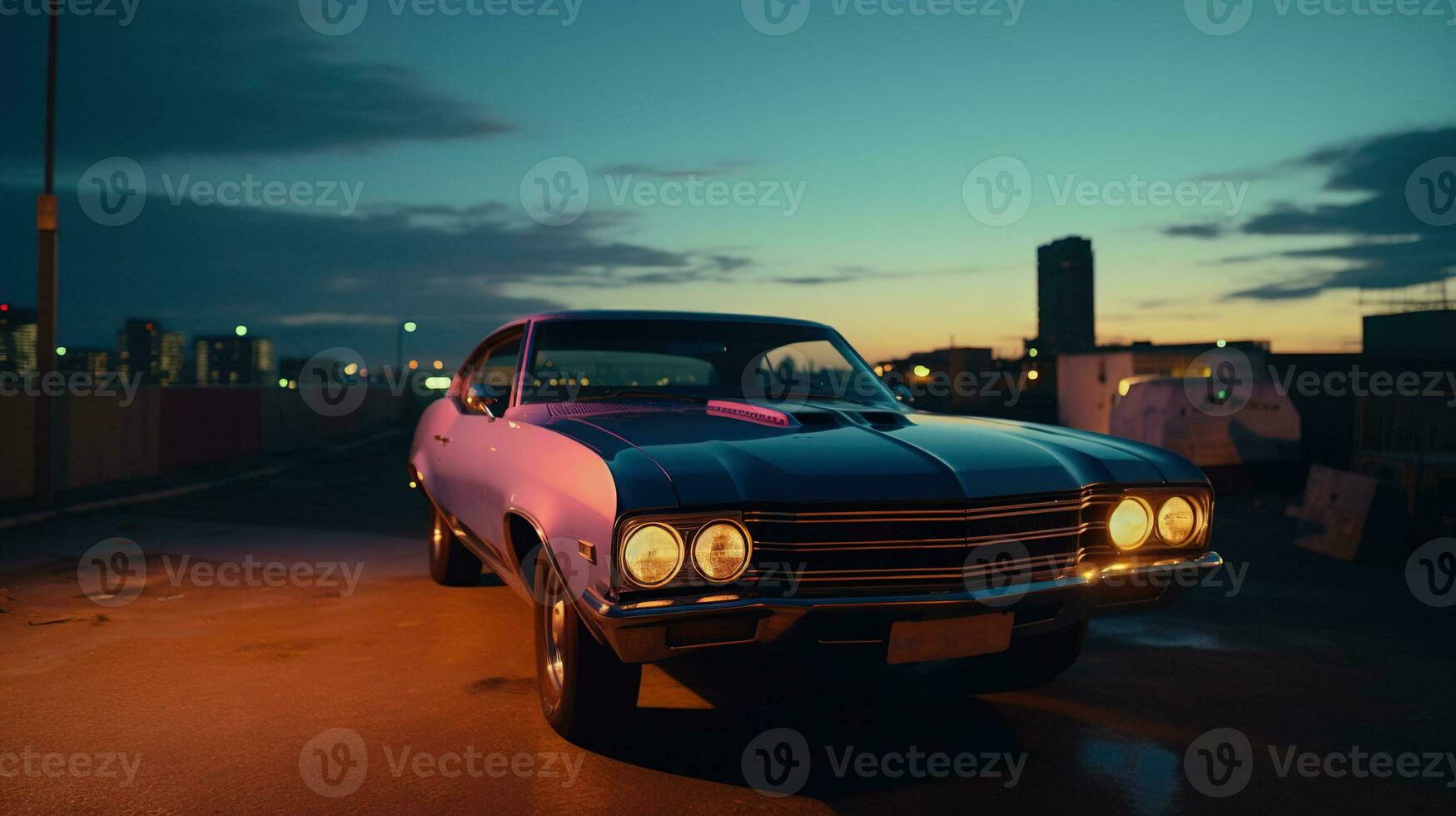 Vintage muscle car parked on the street at night. 80s styled synthwave retro scene with powerful drive in evening. Generated AI. photo