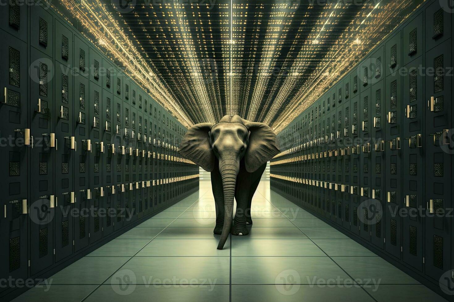 elefante en el servidor habitación. concepto de el grande datos y digital fragilidad. generado ai. foto