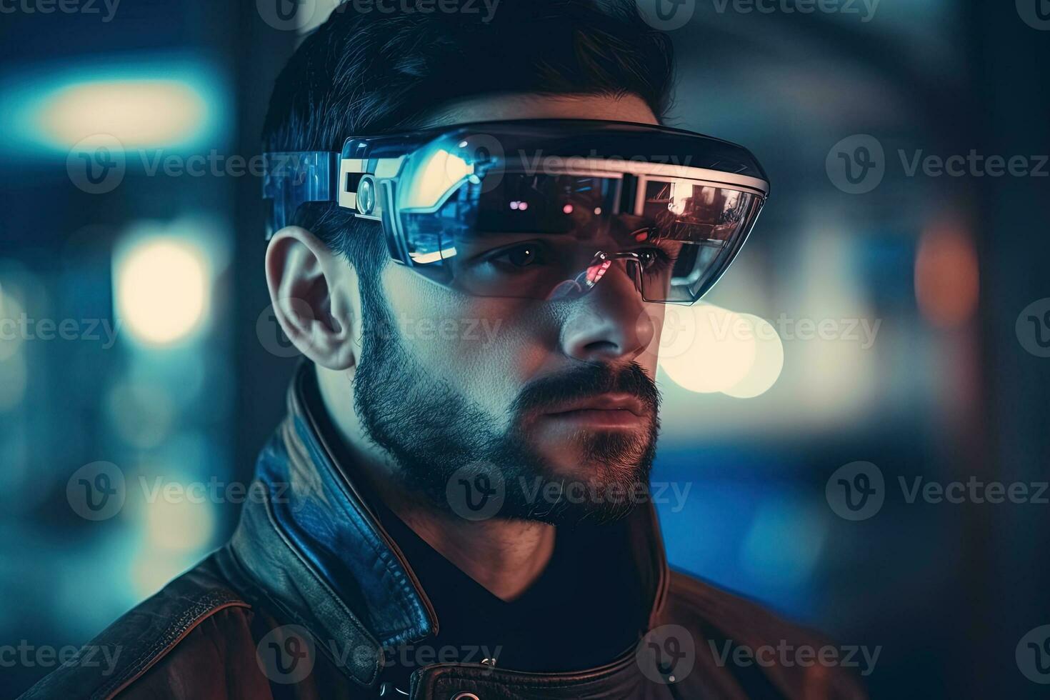 AR glasses technology concept with transparent goggles. Augmented reality futuristic immersive experience. Generated AI photo