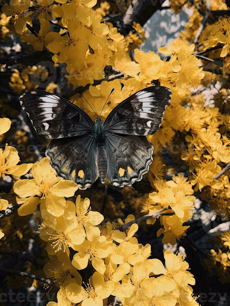 Butterfly on the colorful flowers and plants. Calm nature scene with dreamy colors. Generated AI. photo